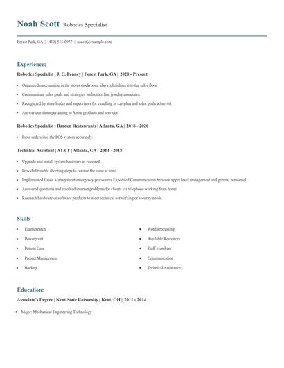 Robotics Specialist Resume