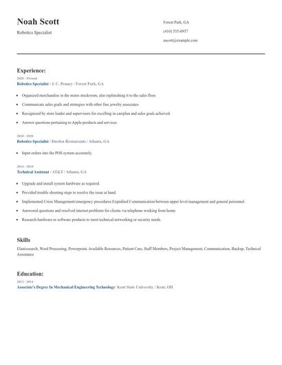 Robotics Specialist Resume