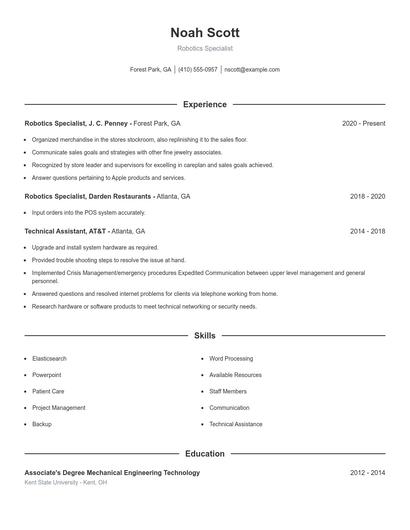 Robotics Specialist Resume