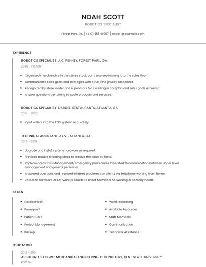 Robotics Specialist Resume
