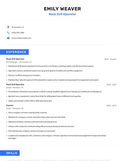 Rock Drill Operator Resume