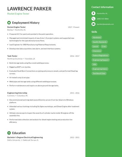 Rocket Engine Tester Resume