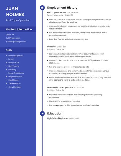 Rod Tape Operator Resume