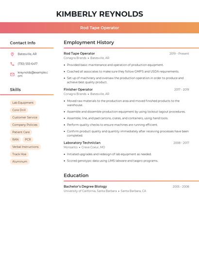 Rod Tape Operator Resume