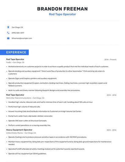 Rod Tape Operator Resume
