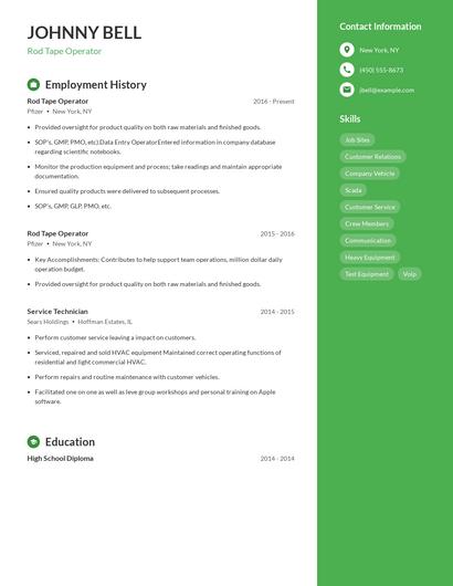 Rod Tape Operator Resume