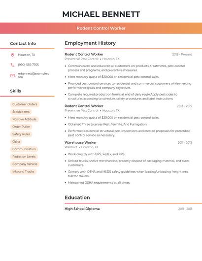 Rodent Control Worker Resume