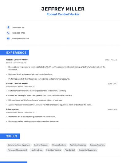 Rodent Control Worker Resume