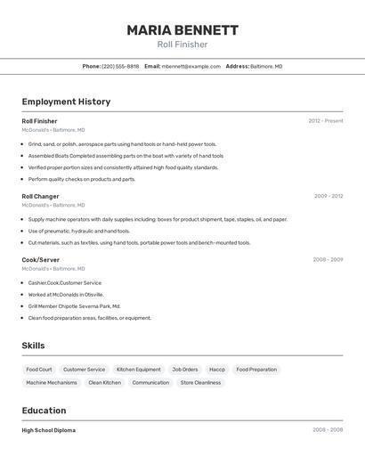 Roll Finisher Resume