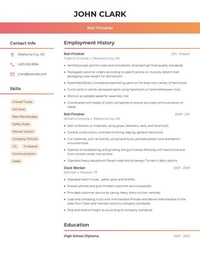 Roll Finisher Resume