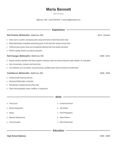 Roll Finisher Resume