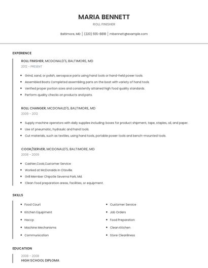 Roll Finisher Resume