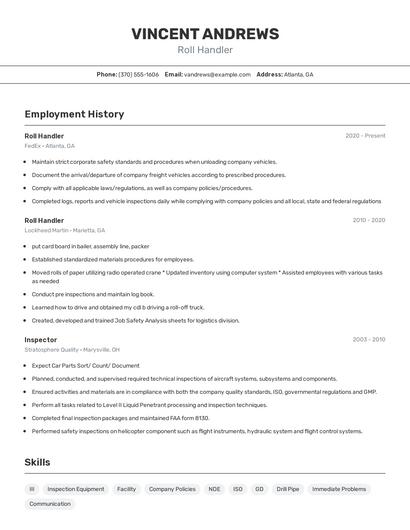 Roll Handler Resume