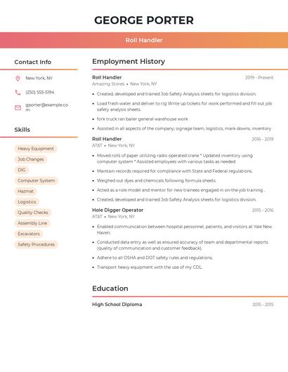 Roll Handler Resume