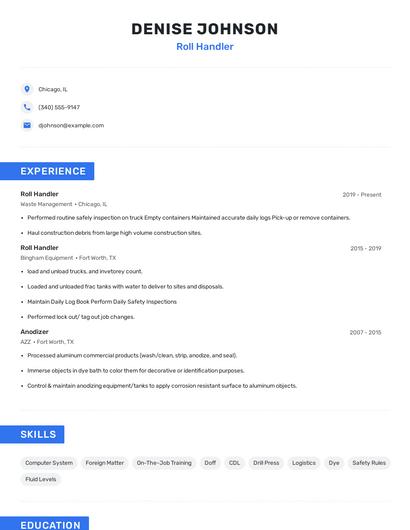 Roll Handler Resume