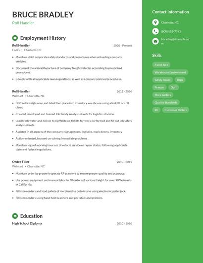 Roll Handler Resume