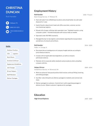 Roll Handler Resume
