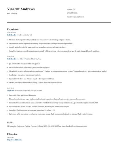 Roll Handler Resume