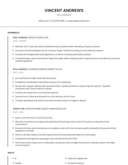 Roll Handler Resume
