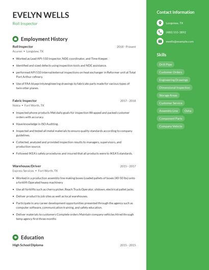Roll Inspector Resume