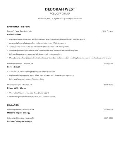 Roll Off Driver Resume