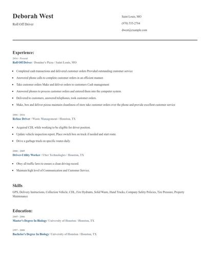 Roll Off Driver Resume