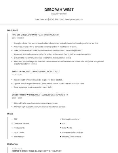 Roll Off Driver Resume