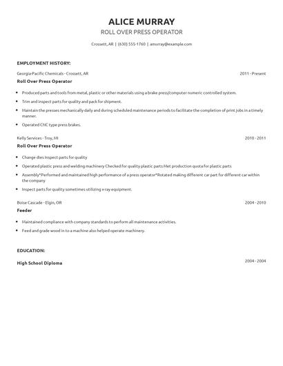 Roll Over Press Operator Resume