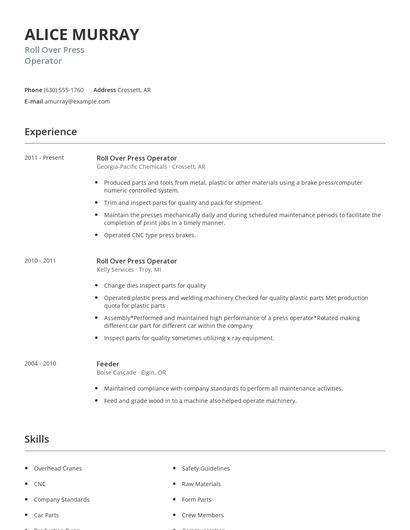 Roll Over Press Operator Resume