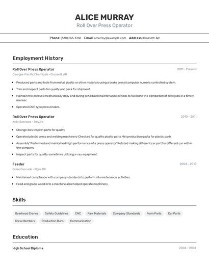 Roll Over Press Operator Resume
