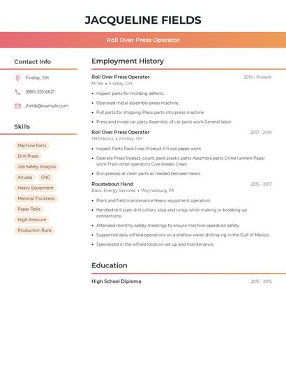 Roll Over Press Operator Resume