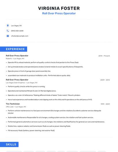 Roll Over Press Operator Resume