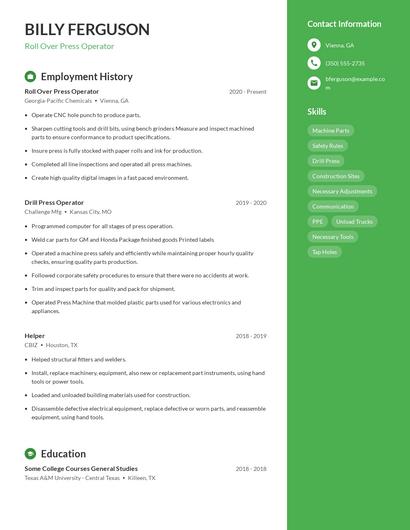Roll Over Press Operator Resume