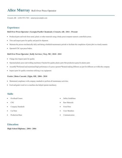 Roll Over Press Operator Resume