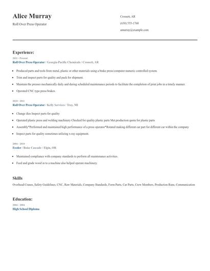 Roll Over Press Operator Resume