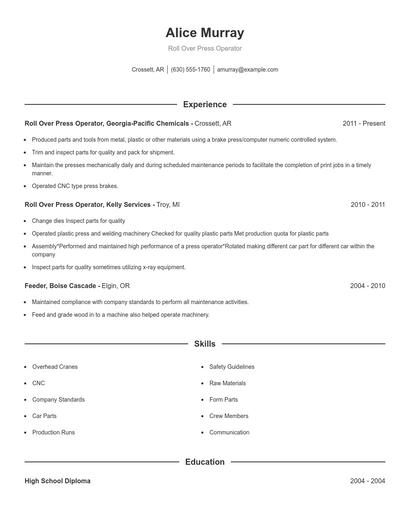 Roll Over Press Operator Resume