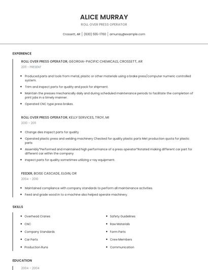 Roll Over Press Operator Resume