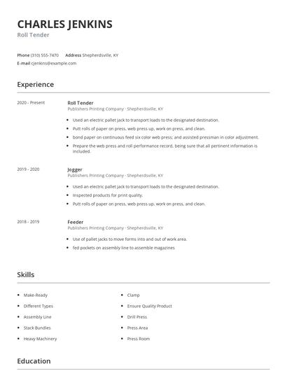 Roll Tender Resume