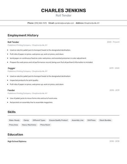 Roll Tender Resume