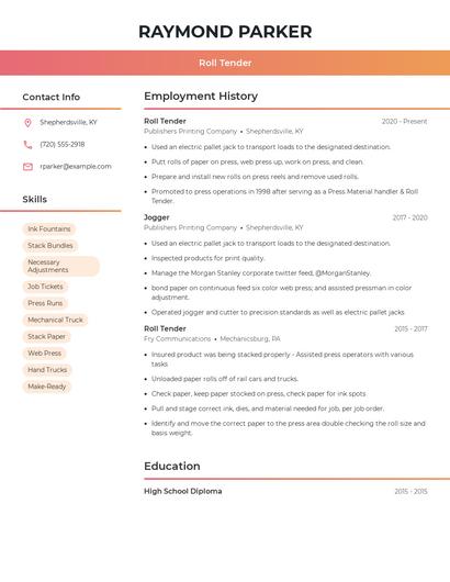 Roll Tender Resume