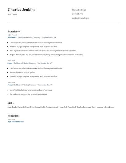 Roll Tender Resume