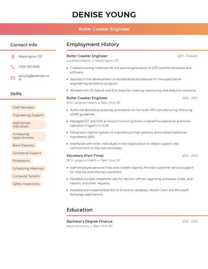 Roller Coaster Engineer Resume