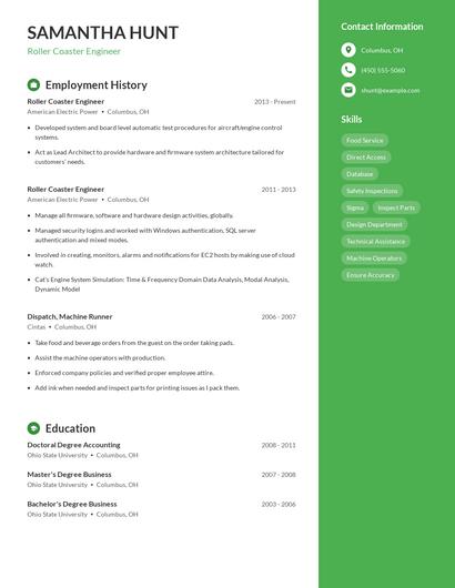 Roller Coaster Engineer Resume