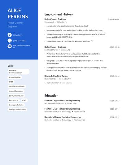 Roller Coaster Engineer Resume