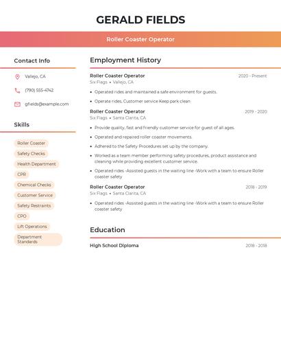Roller Coaster Operator Resume