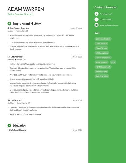 Roller Coaster Operator Resume