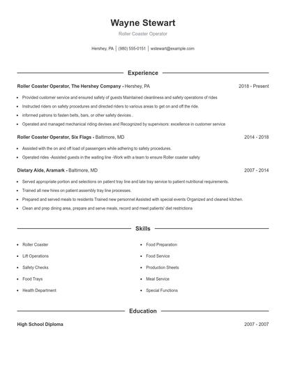 Roller Coaster Operator Resume
