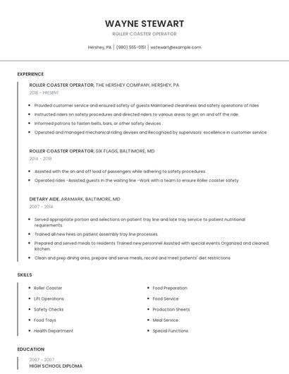 Roller Coaster Operator Resume