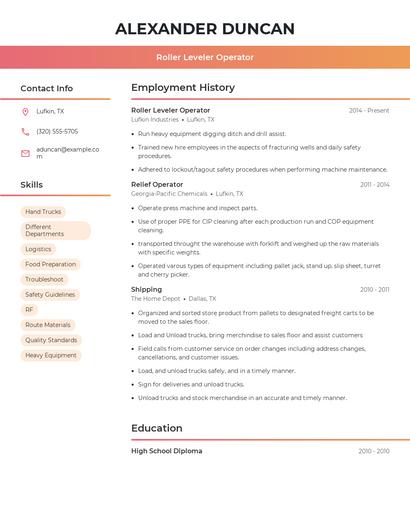 Roller Leveler Operator Resume