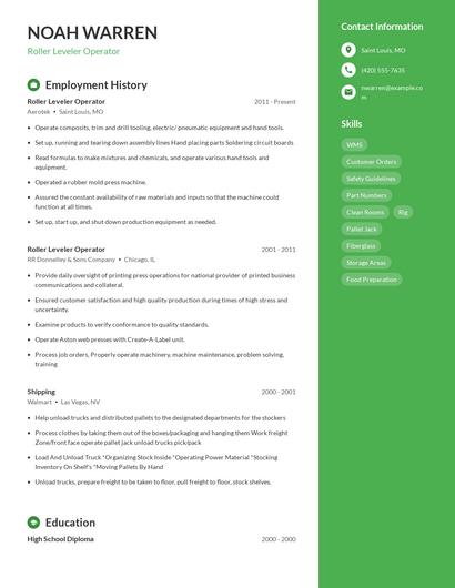 Roller Leveler Operator Resume